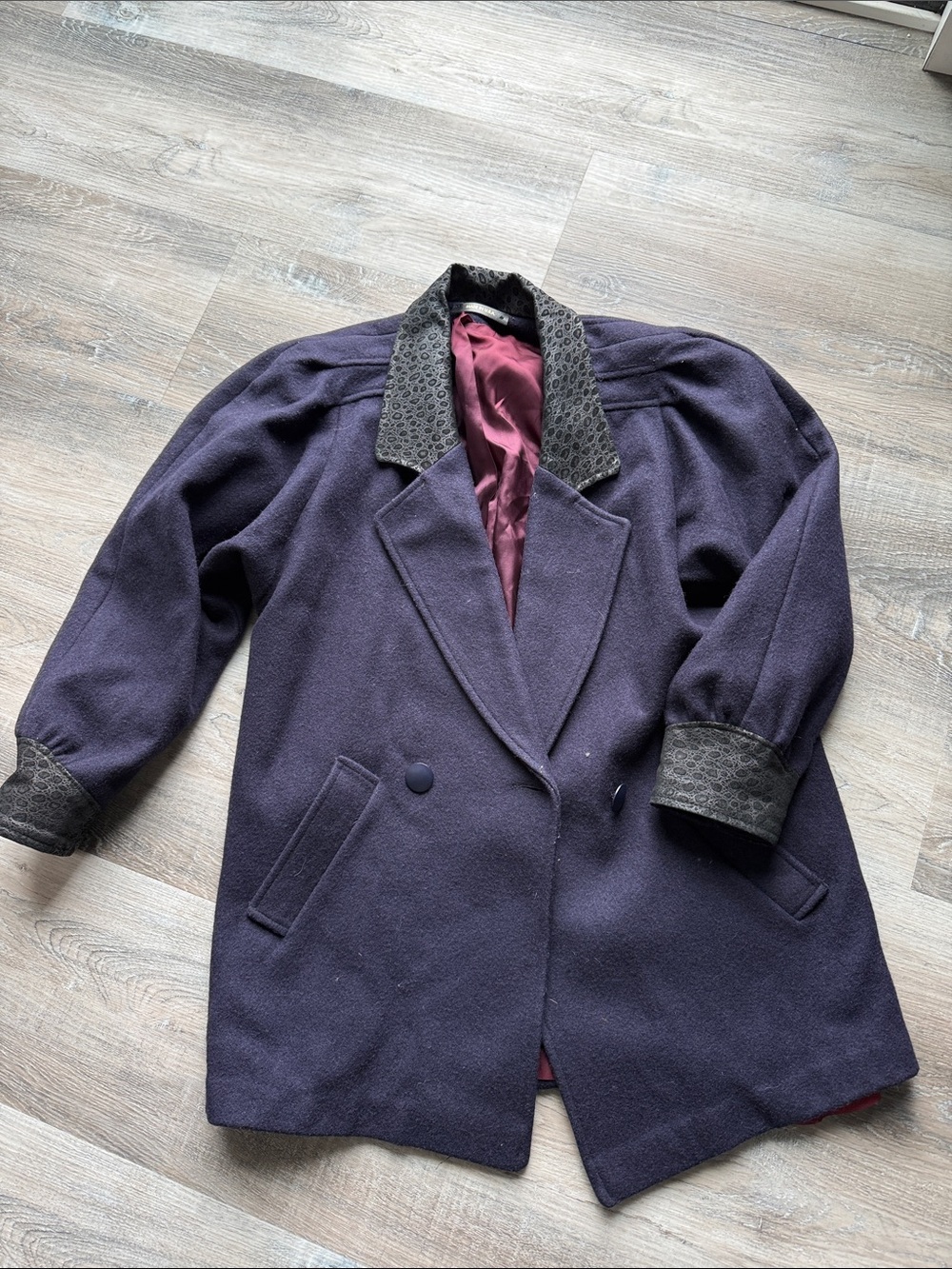 Vintage Navy Wool Blend Coat with Contrast leather Trim sz m/ l